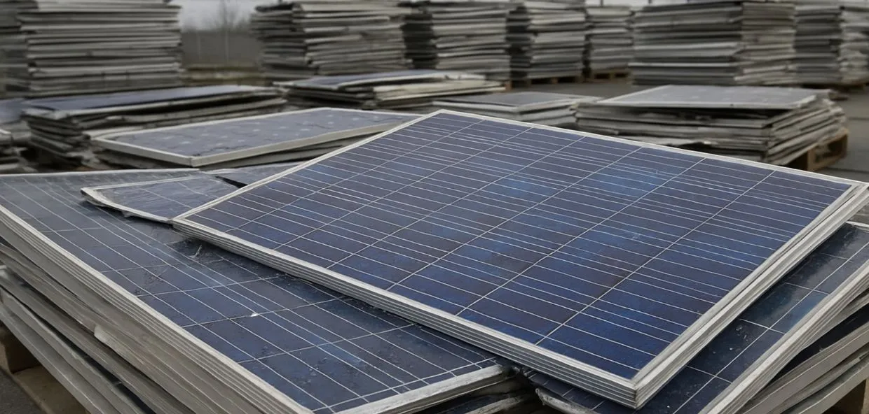 Panneaux solaires usagés empilés pour recyclage, montrant la récupération des matériaux comme le verre et l’aluminium.