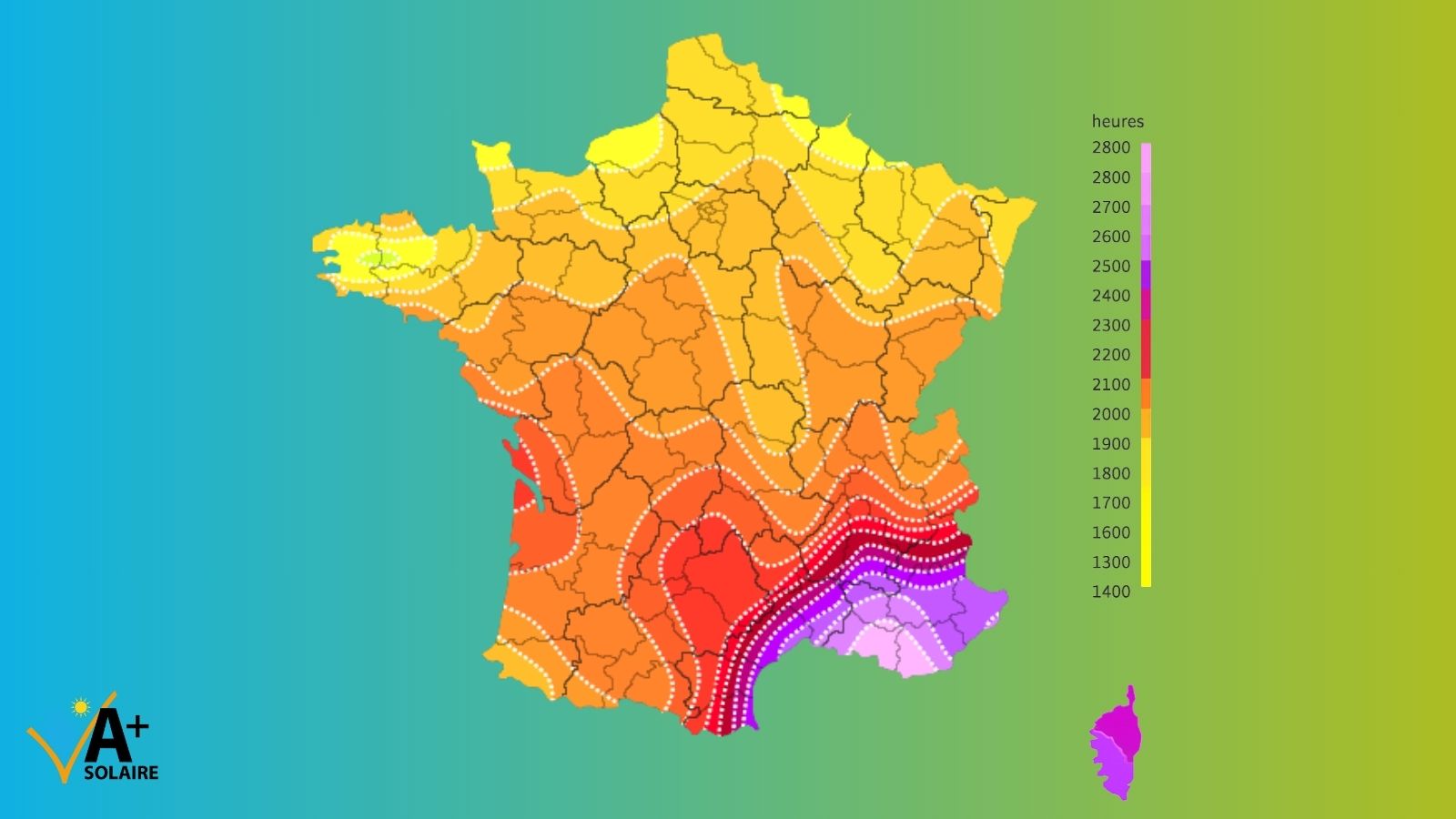 carte de France avec zones d’ensoleillement (Nord, Sud-Ouest, Sud-Est)