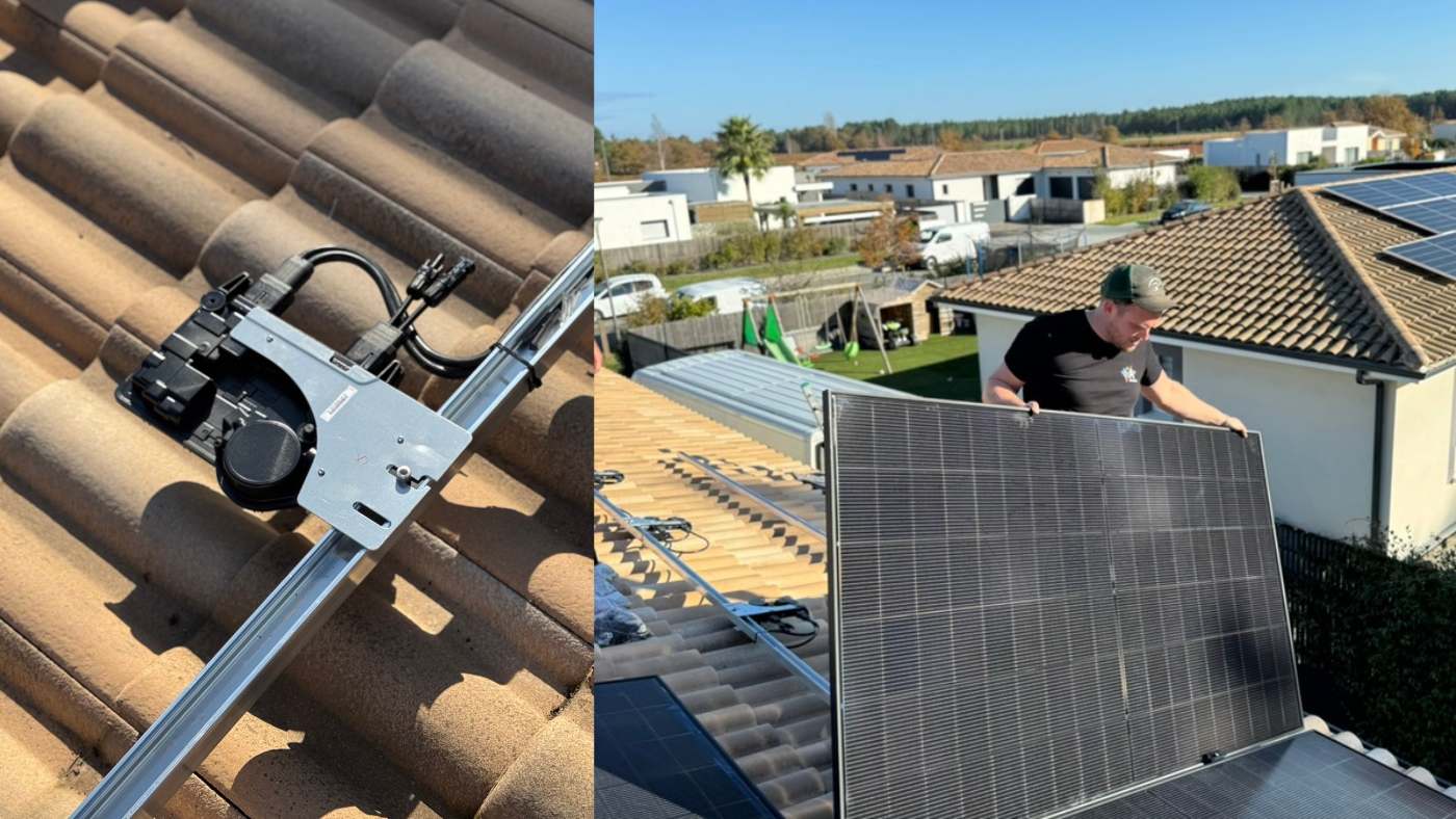technicien A+ Solaire sur toit, pose de panneaux Quartz HJT avec micro-onduleurs Hoymiles ou Enphase visibles