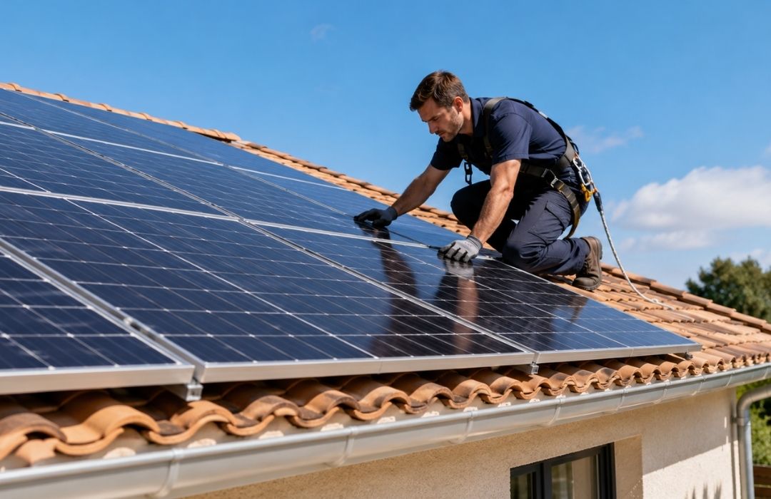 Technicien contrôlant des panneaux solaires sur le toit d’une maison individuelle en Gironde.