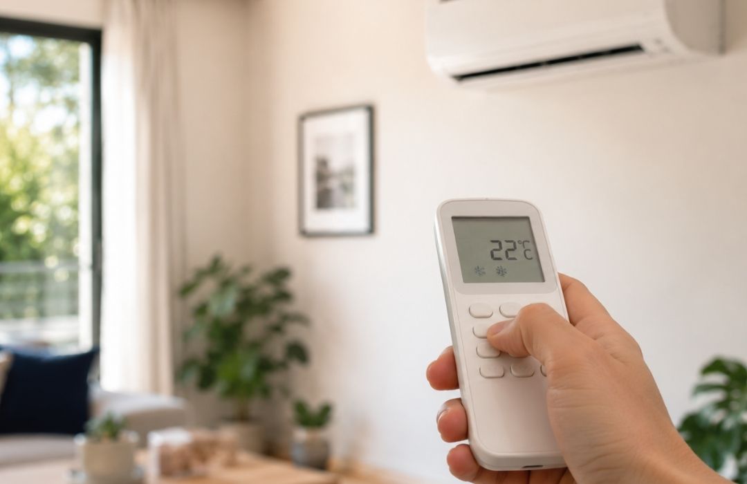 main tenant une télécommande de climatisation dans un intérieur lumineux et contemporain,