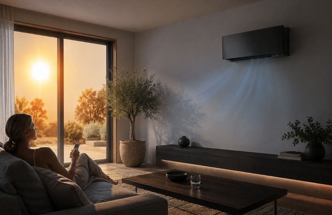 Salon moderne et confortable équipé d’une unité murale Daikin Emura noire, intérieur frais et tamisé contrastant avec la forte chaleur visible à l’extérieur.