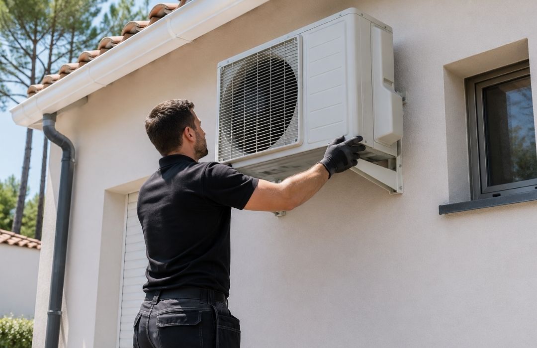 Technicien installant une unité extérieure de climatisation sur la façade d’une maison du Bassin d’Arcachon, intervention soignée dans un environnement résidentiel.
