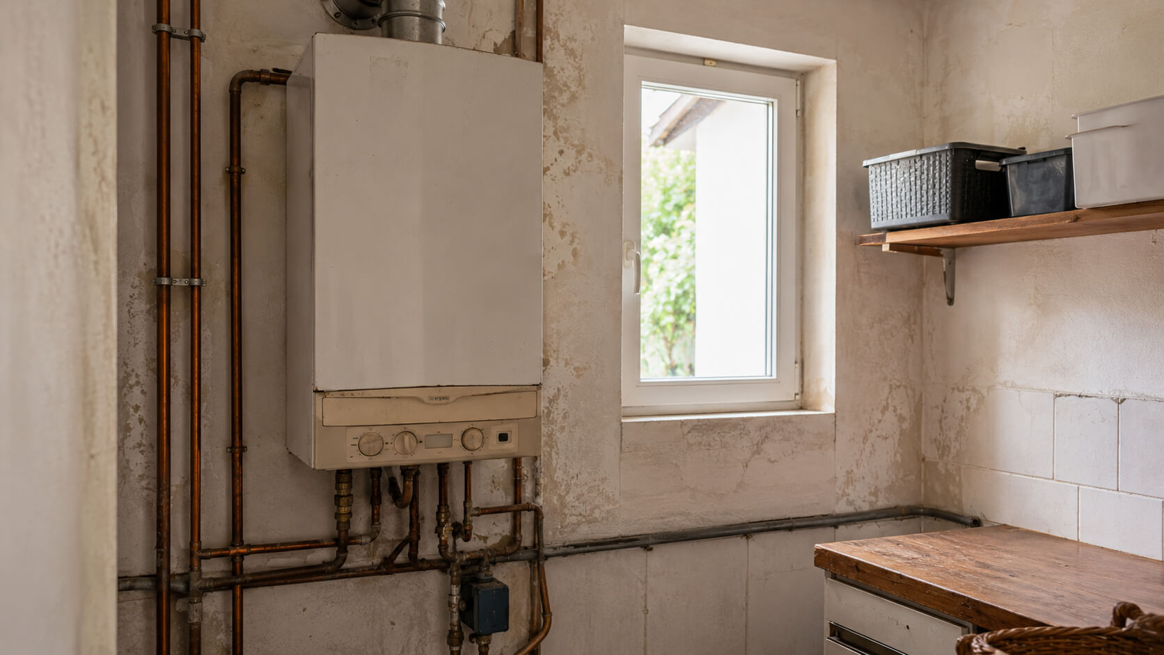 Ancienne chaudière gaz murale installée dans le cellier d’une maison individuelle en Gironde avant remplacement par une pompe à chaleur air/eau.