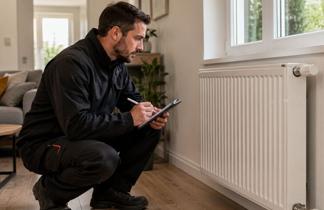 Technicien A+ Solaire contrôlant la compatibilité d’un radiateur à eau avant l’installation d’une pompe à chaleur air/eau dans une maison en Gironde.