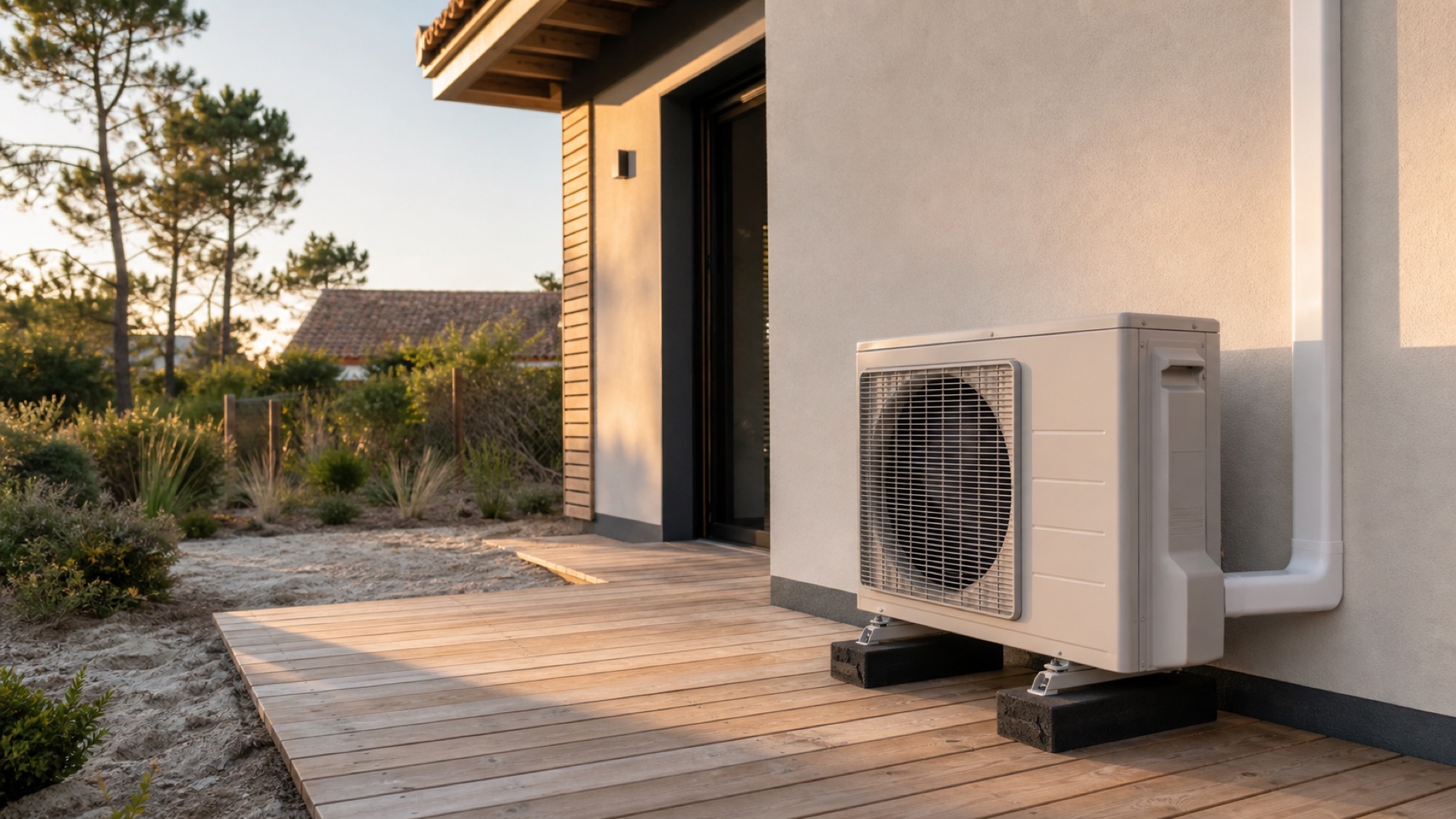 Unité extérieure de climatisation réversible installée sur une maison du Bassin d’Arcachon