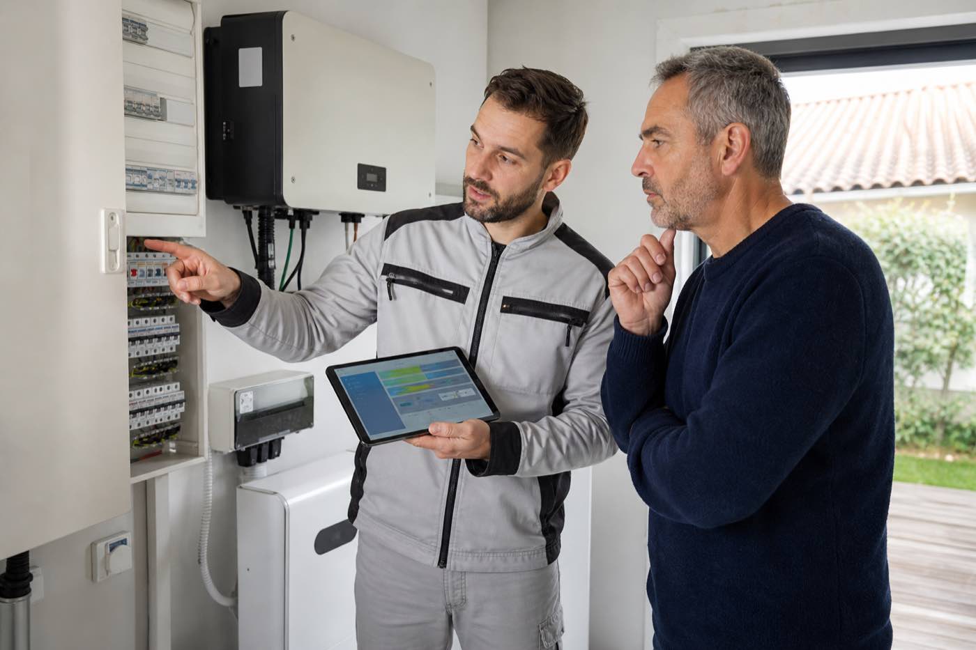 Technicien A+ Solaire et propriétaire vérifiant une installation photovoltaïque et son suivi énergétique.