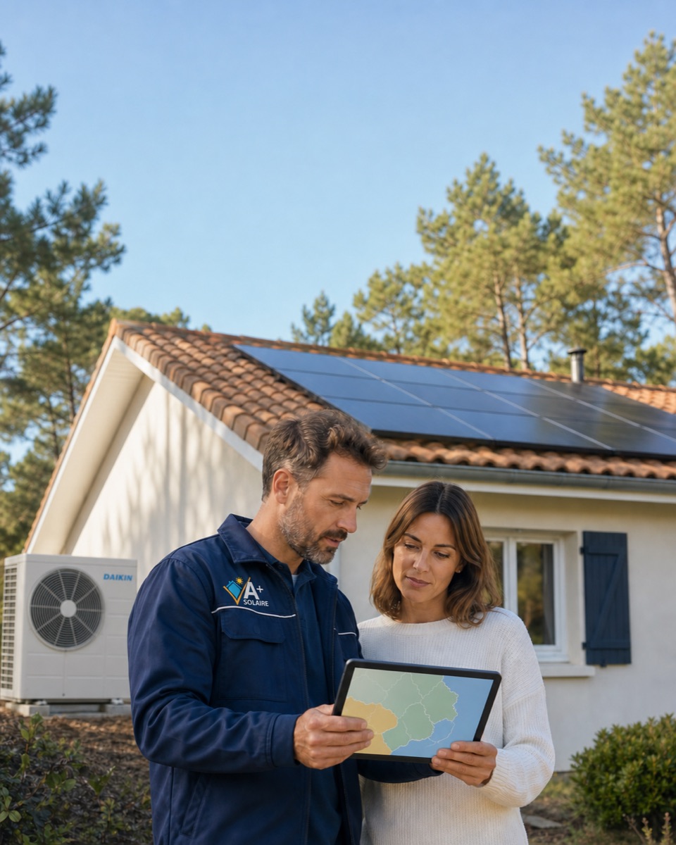Technicien A+Solaire vérifiant avec une propriétaire les aides communales pour des panneaux solaires et une PAC Daikin dans les Landes