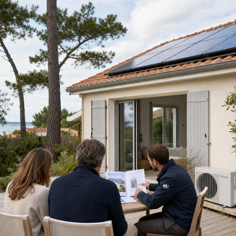 Technicien A+Solaire présentant un projet photovoltaïque et pompe à chaleur Daikin à des propriétaires du Bassin d’Arcachon