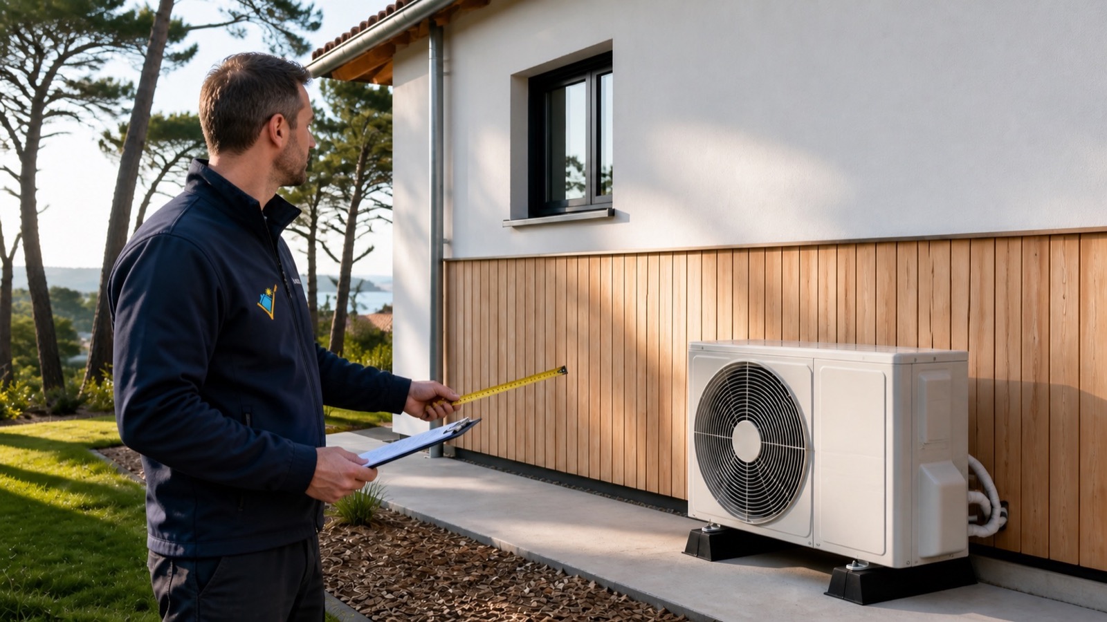 Technicien A+Solaire réalisant une visite technique de climatisation sur le Bassin d’Arcachon