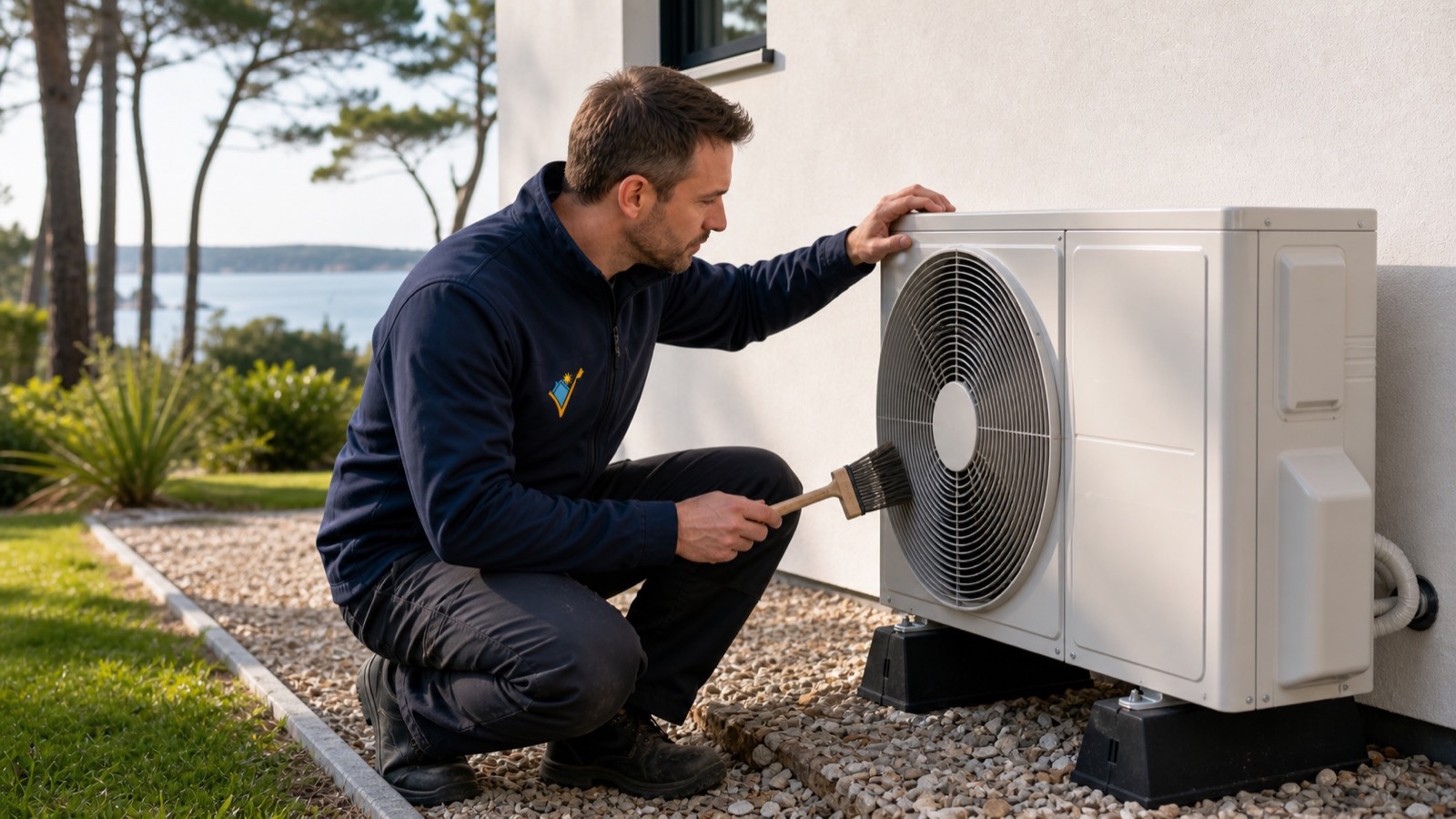 Technicien A+Solaire inspectant une unité extérieure de climatisation près du Bassin d’Arcachon