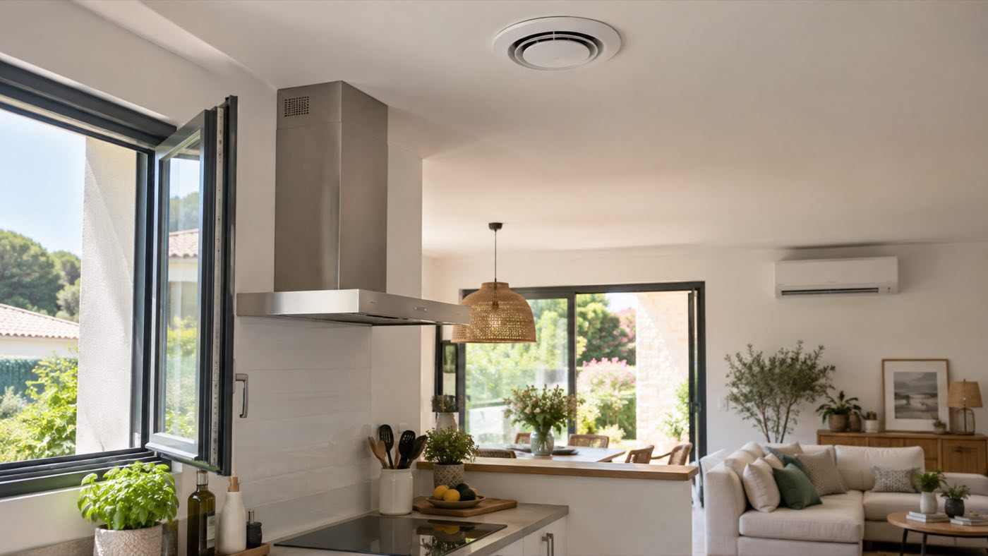 Bouche de ventilation, fenêtre ouverte et climatisation dans une maison de Gironde