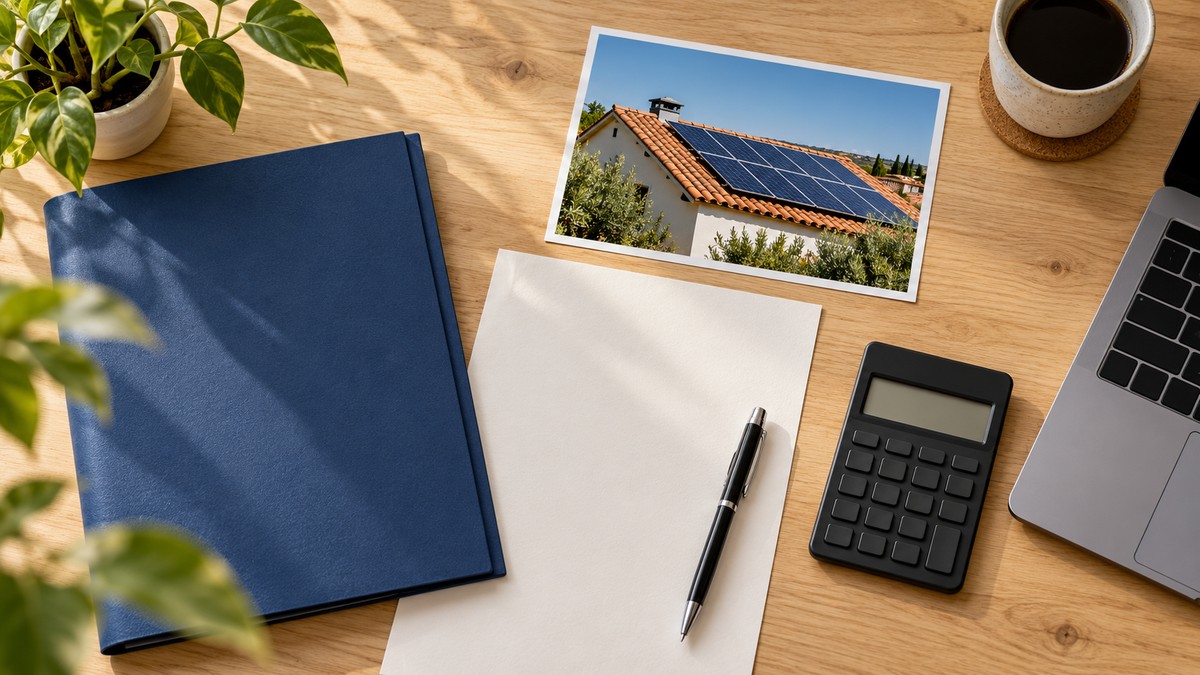 Dossier bleu, calculatrice et photographie de panneaux solaires disposés sur un bureau.