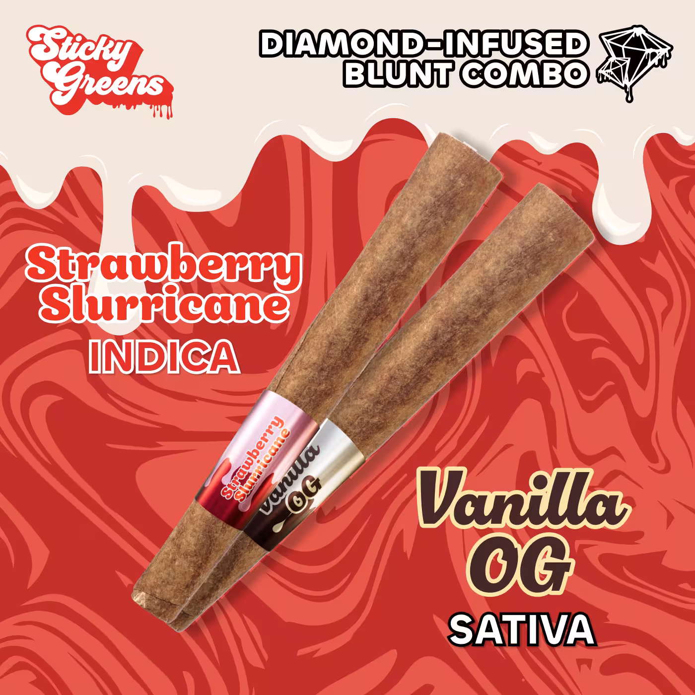 Sticky Greens Strawberry Slurricane and Vanilla OG Liquid Diamonds Infused Blunts
