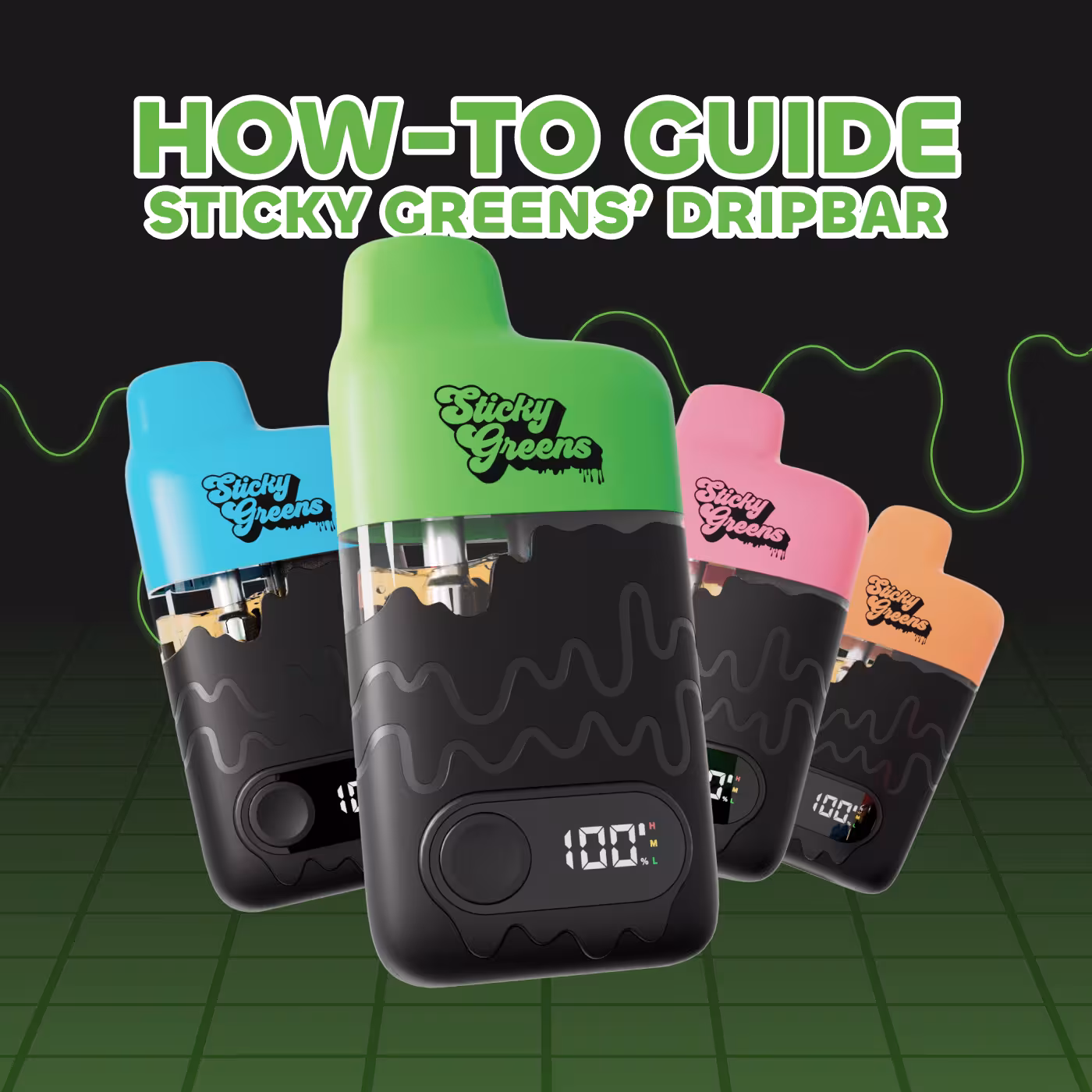 Four Sticky Greens drip bars against a retro grid background with the headline "How To Guide: Sticky Greens Dripbar"