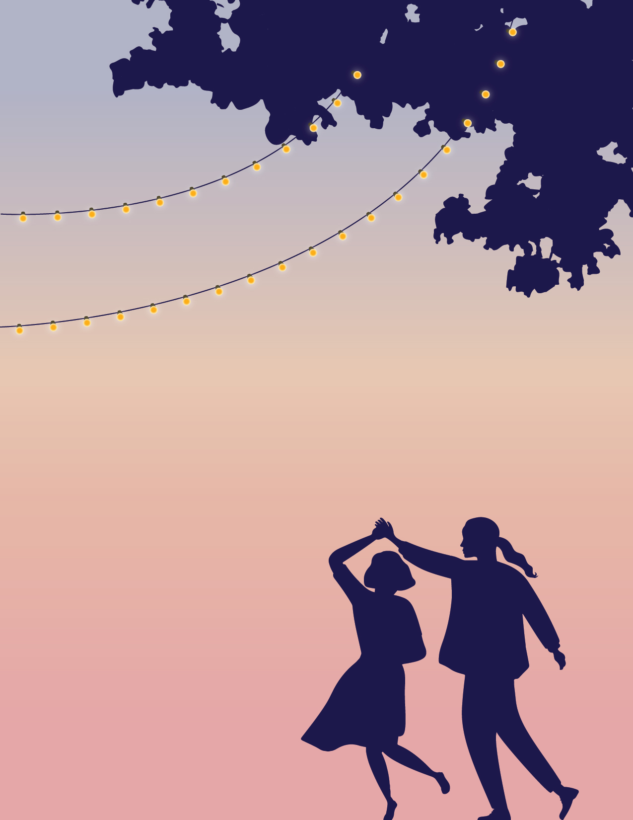An illustration of two silhouettes of people dancing in the sunset