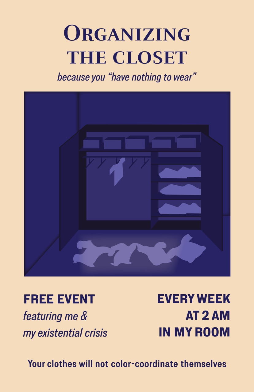 A beige poster with blue illustration and words Organizing the closet