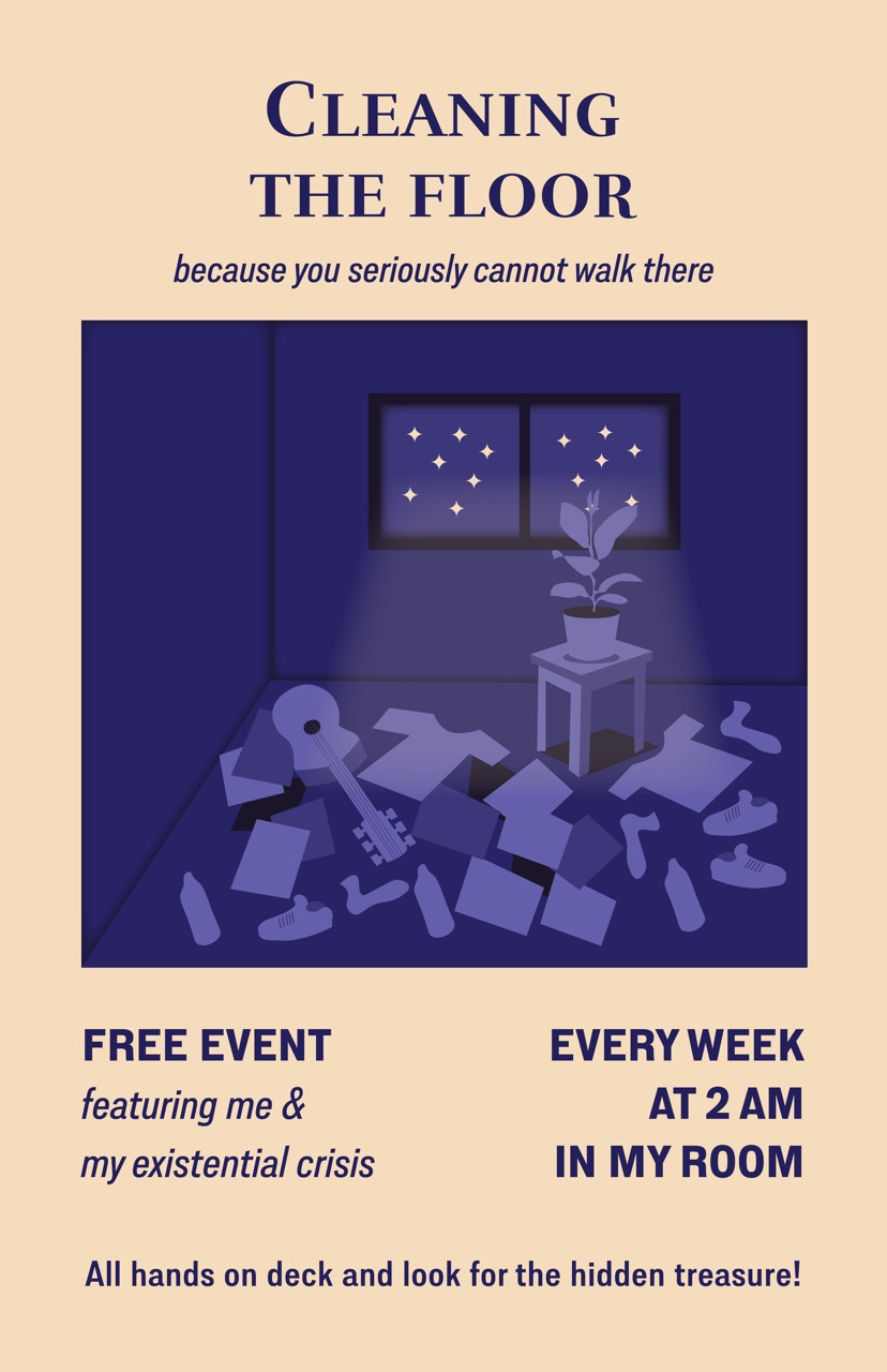 A beige poster with blue illustration and words Cleaning the floor