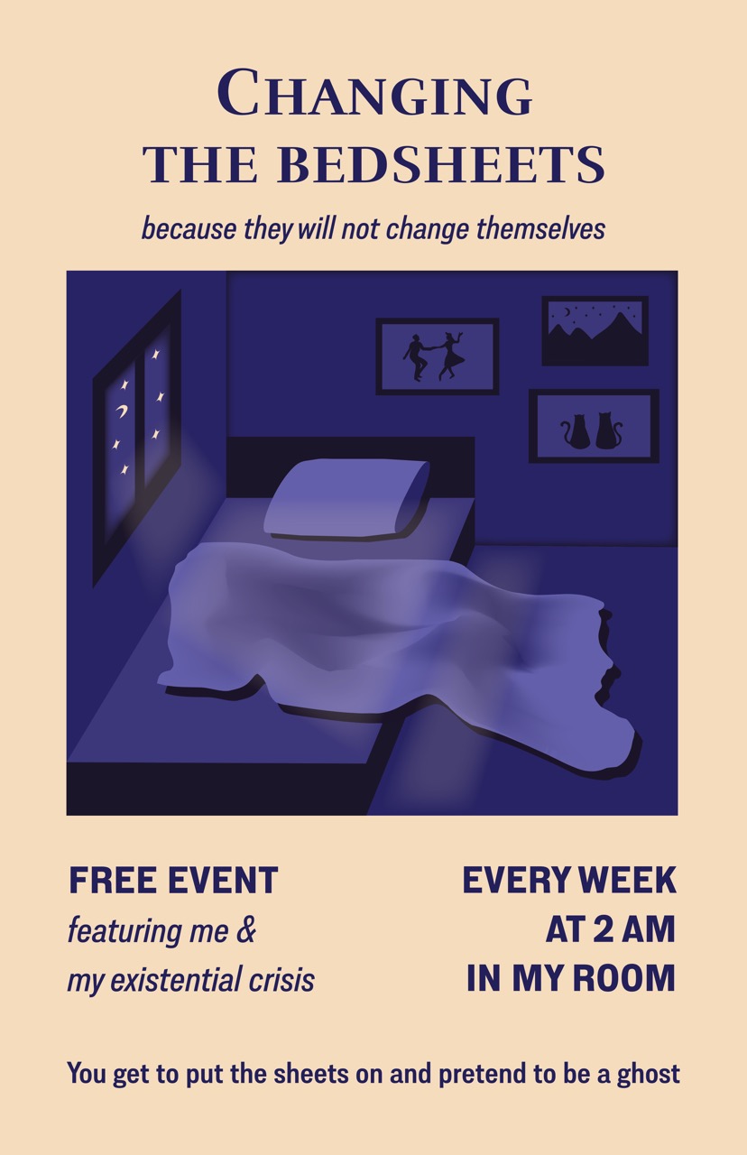 A beige poster with blue illustration and words Airing out the room