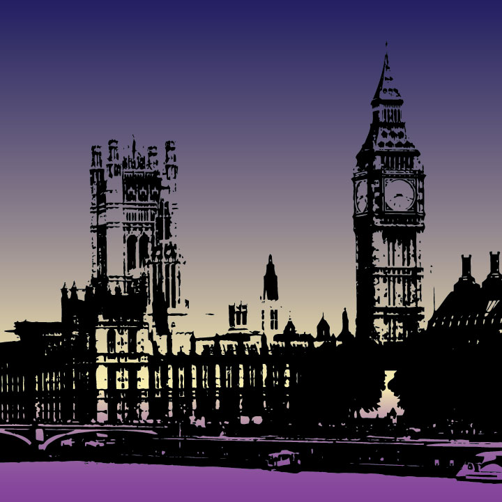 Illustration of a lit-up city of London in a sunset