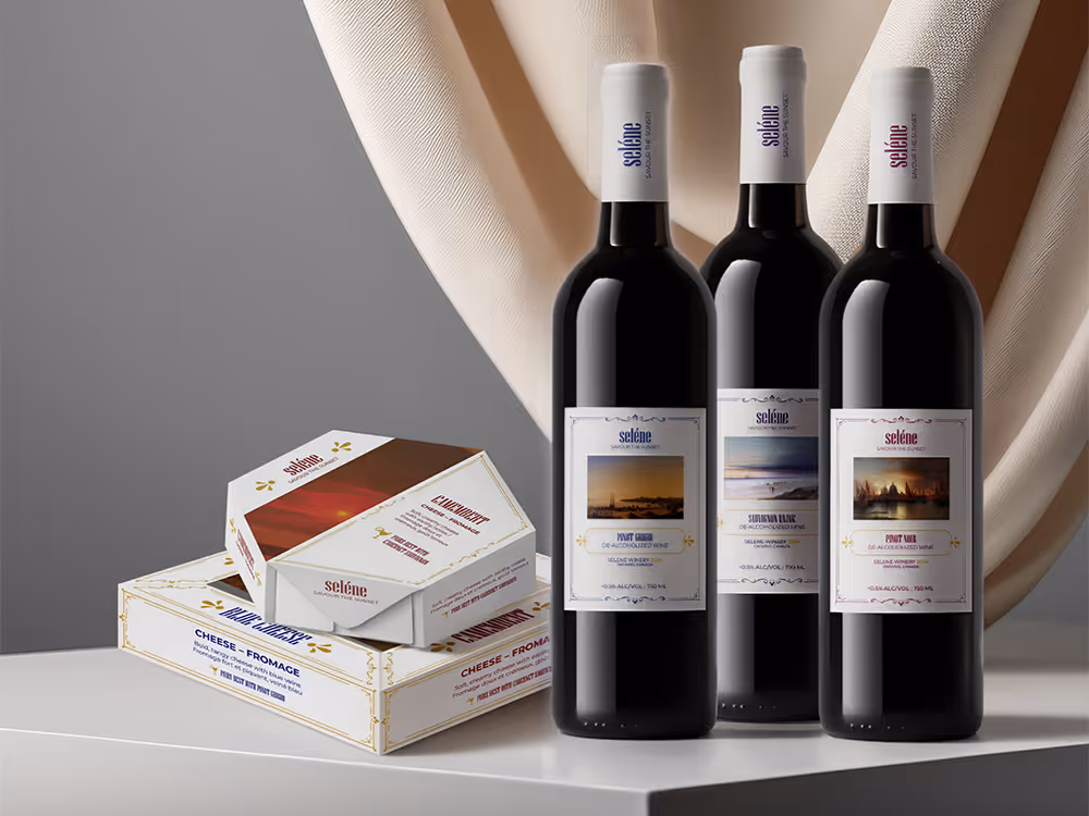 Three wine bottles with Selene branding on them, along with a two cheese packages, on a table with a fabric background.
