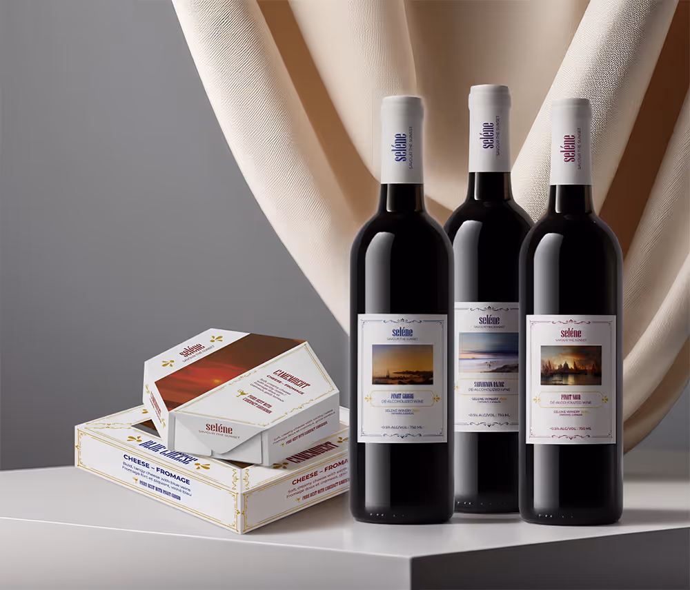 Three wine bottles with Selene branding on them, along with a two cheese packages, on a table with a fabric background.