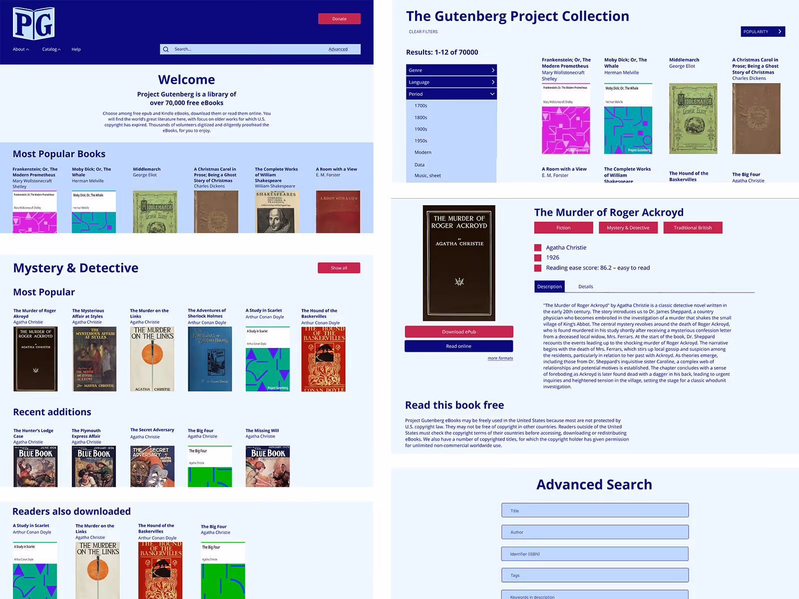 Screenshots of various pages of the redesigned Gutenberg Project website.
