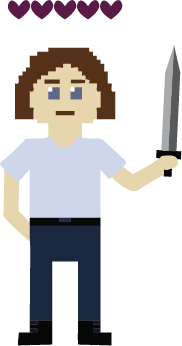 Pixel art image of Anya holding a sword with game hearts above her.