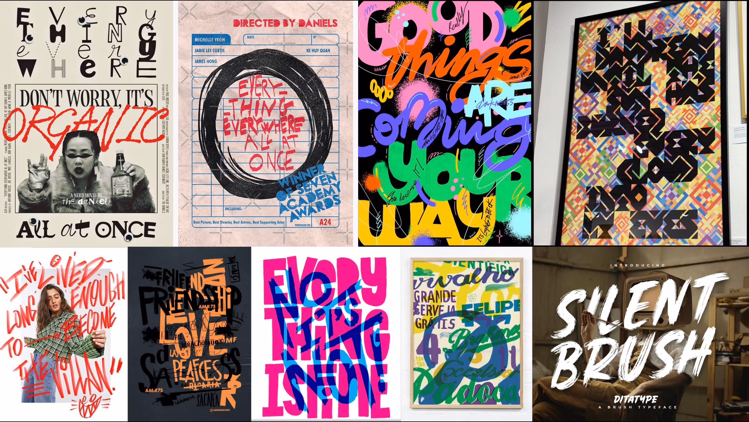 Collage of eight colorful, artistic typography posters with varied fonts and layered text styles.