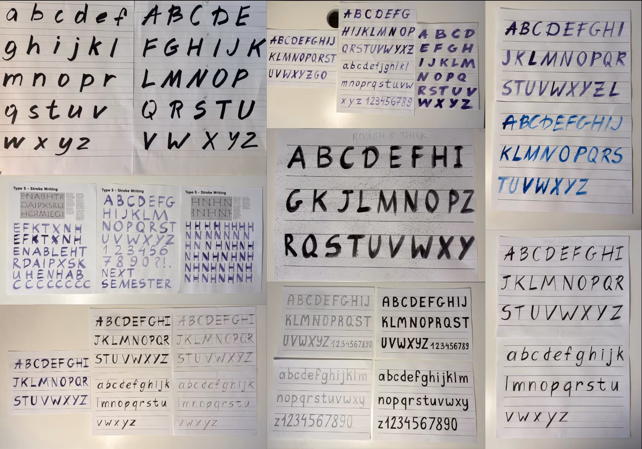 Collage of different handwritten alphabet styles showcasing both uppercase and lowercase letters, numbers, and stroke writing samples on lined and blank paper sheets.