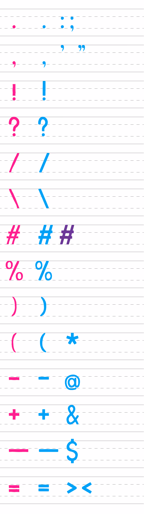 Comparison of various punctuation marks arranged in pairs on lined paper, with each pair shown in pink and blue colors including comma, semicolon, quotation marks, exclamation mark, question mark, slash, backslash, hashtag, percent, parentheses, asterisk, hyphen, at symbol, plus, ampersand, underscore, dollar sign, equals, greater than, and less than symbols.