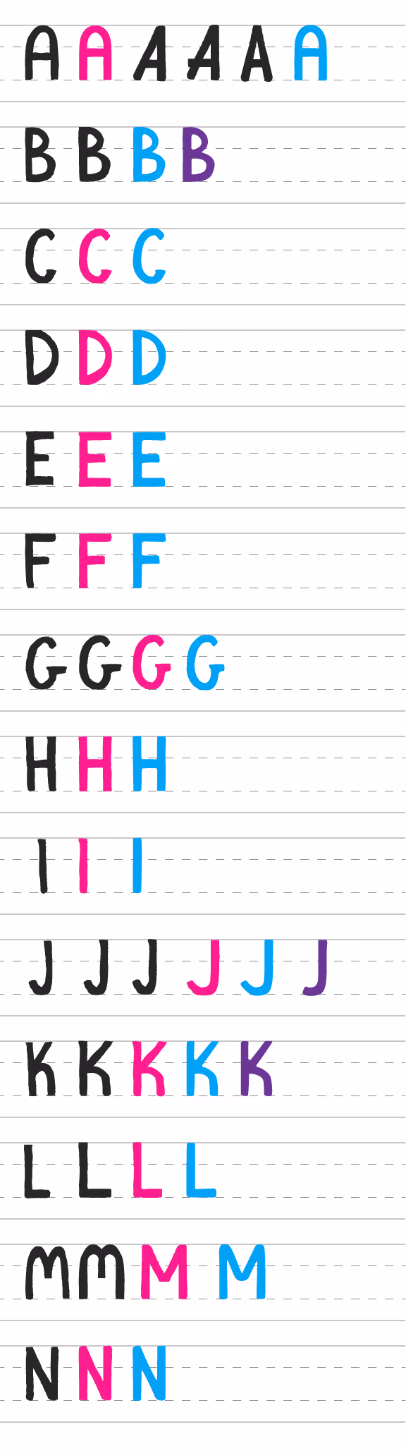 Handwritten uppercase letters A to N on lined paper, each letter repeated in black, pink, blue, and purple colors.