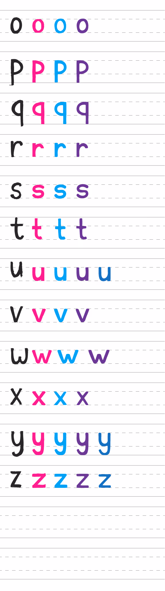 Lowercase letters o to z written in black, pink, blue, and purple colors on lined paper for handwriting practice.