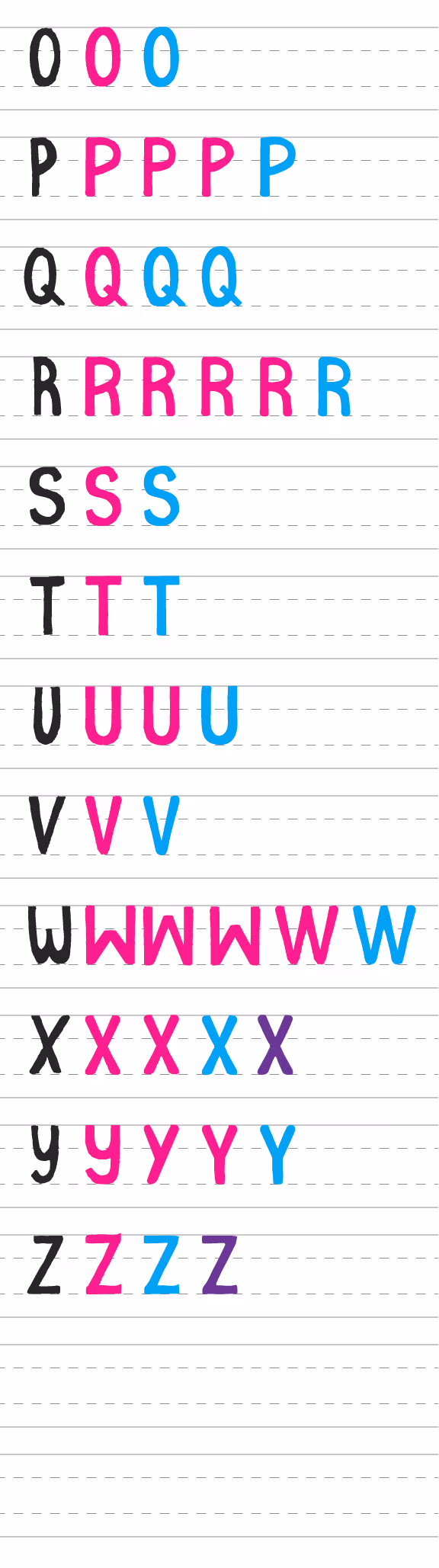 Hand-drawn uppercase letters O to Z in rows, with each letter in black followed by repetitions in pink, blue, and purple on lined paper.
