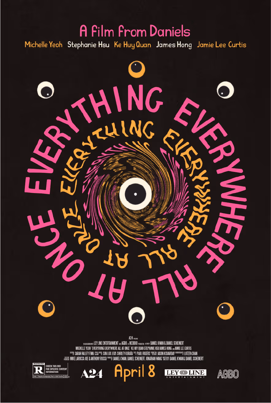 Movie poster for 'Everything Everywhere All at Once' with swirling text and multiple stylized eyeballs on a black background.