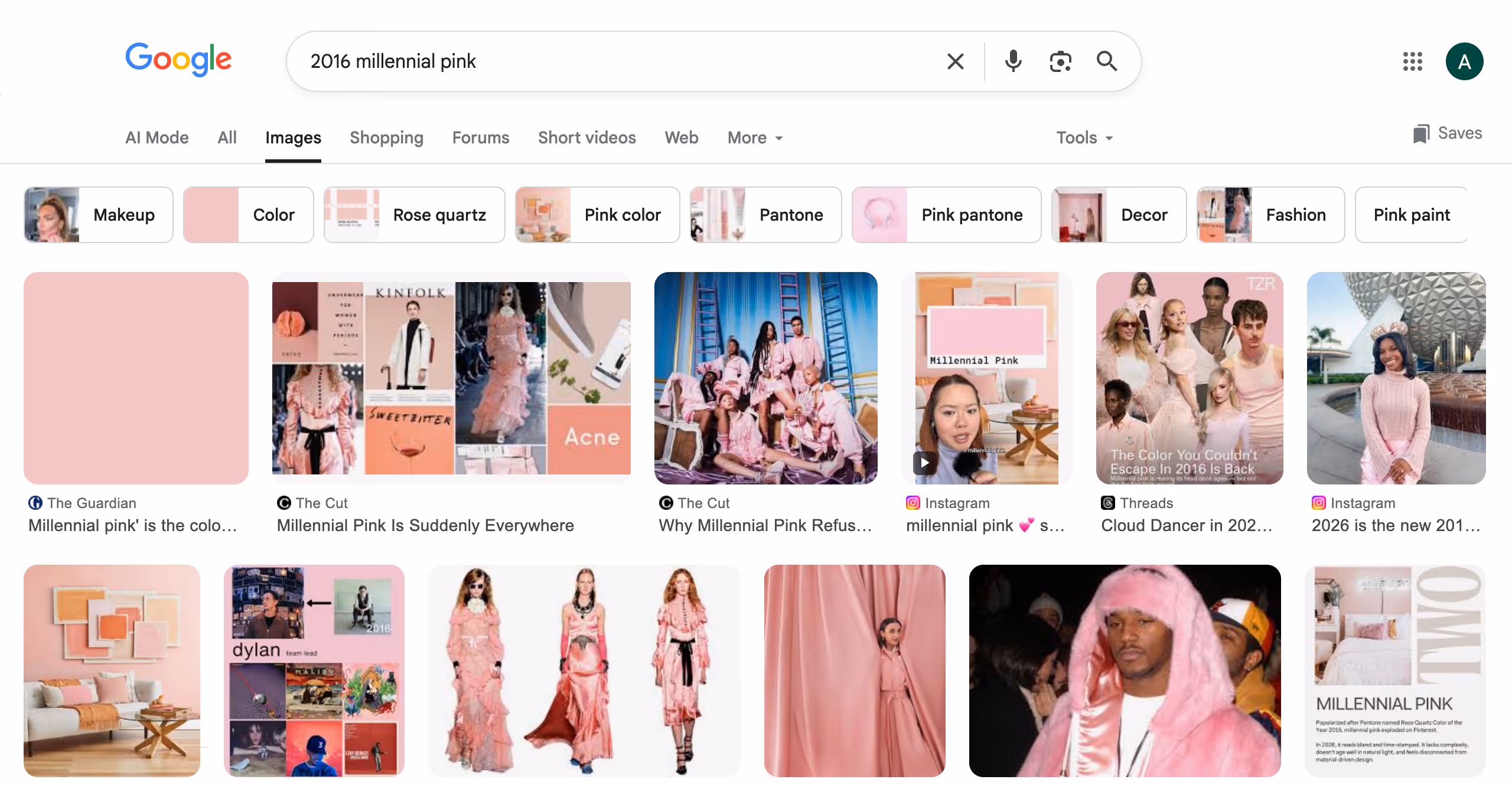 Google image search results page showing various photos and articles about the 2016 millennial pink color trend, including fashion, décor, and pop culture references.