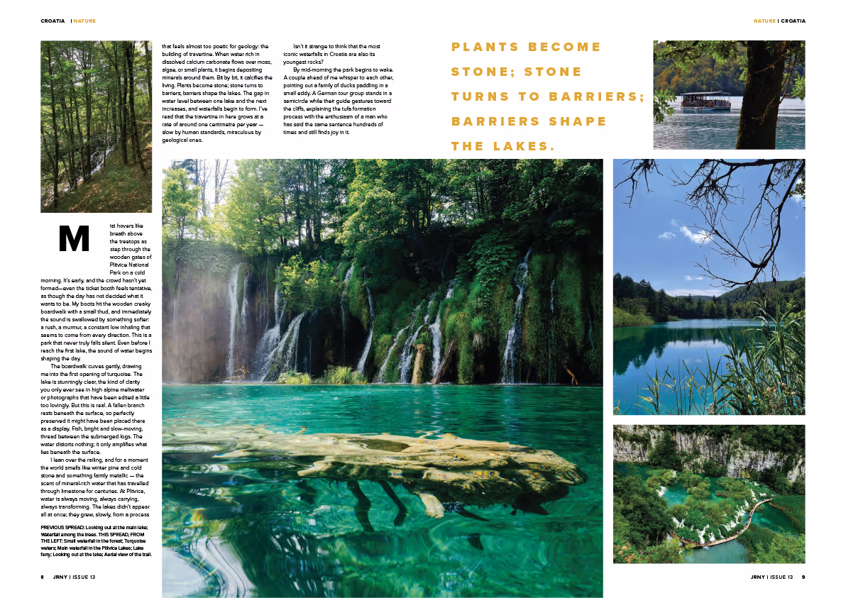 Collage of images showing turquoise freshwater lakes with waterfalls surrounded by lush green forests in Croatia's Plitvice Lakes National Park.