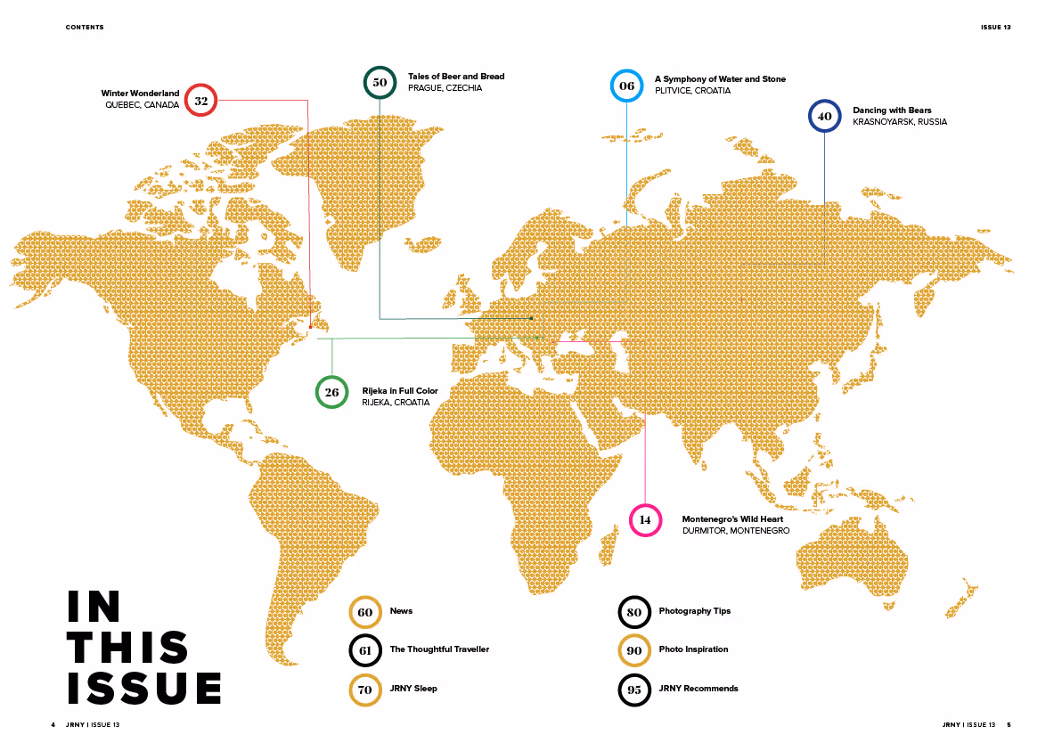 World map highlighting article locations: Quebec, Canada (32), Rijeka, Croatia (26), Prague, Czechia (50), Plitvice, Croatia (06), Durmitor, Montenegro (14), Krasnoyarsk, Russia (40), with additional sections on news, travel, sleep, photography tips, and inspiration.