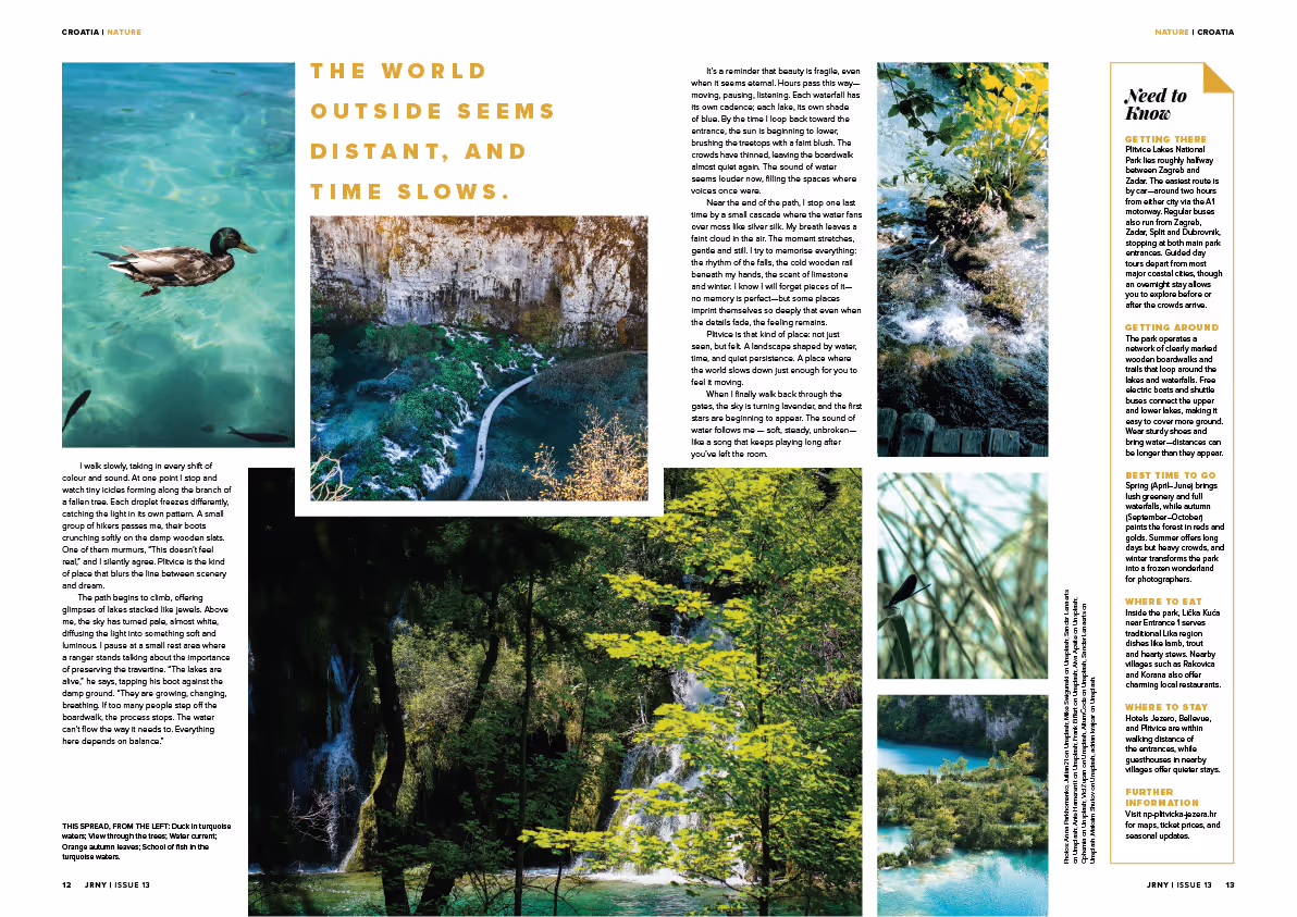 Magazine spread featuring photographs of turquoise waters, flowing waterfalls, a duck swimming, dragonflies, and lush green foliage at Plitvice Lakes National Park in Croatia.