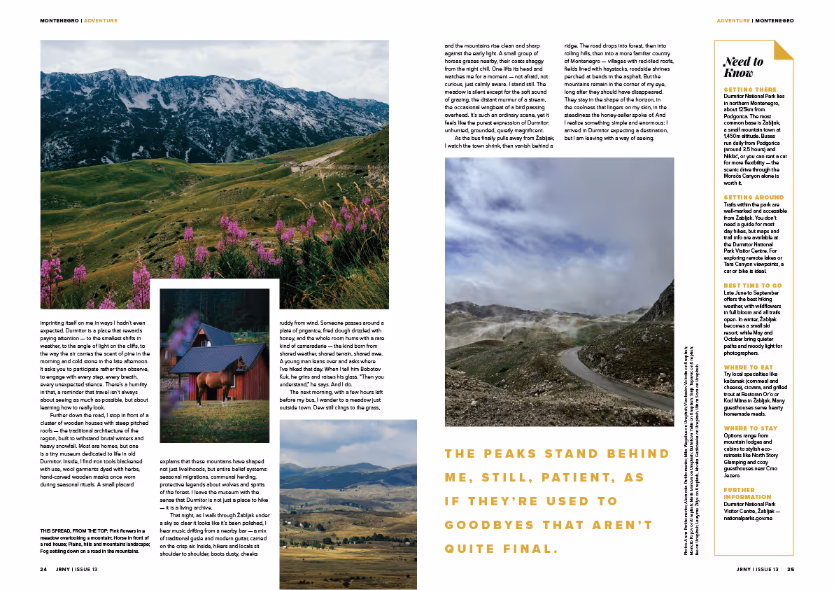 Magazine spread featuring scenic mountain landscapes with wildflowers, a rustic wooden house with a horse statue, and misty mountain peaks, accompanied by travel text about Montenegro's Durmitor National Park.