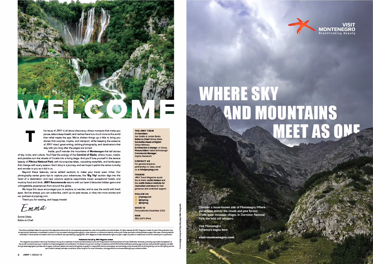 Left page: waterfall cascading down rocky cliffs surrounded by lush green forest with welcome text overlay. Right page: rugged mountain peaks under a cloudy sky with the text 'Where sky and mountains meet as one' promoting Montenegro tourism.