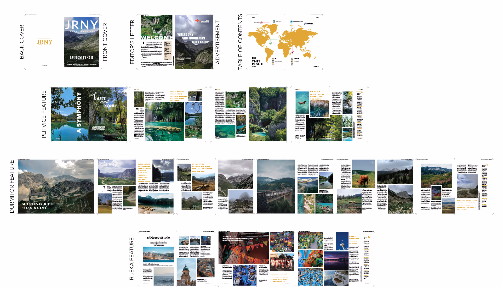 Magazine flatplan showing front and back covers, editor’s letter, advertisements, map of contents, and feature spreads on Plitvice lakes, Durmitor mountains, and Rijeka carnival.