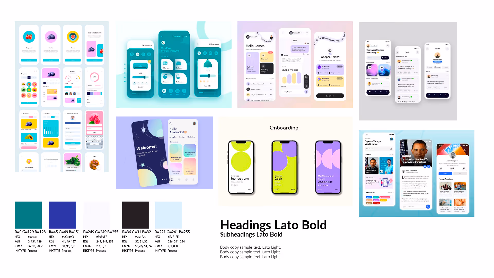 Collage of mobile app UI design mockups featuring vibrant pastel and bright colors, onboarding screens, user profiles, and color palettes with Lato font examples.