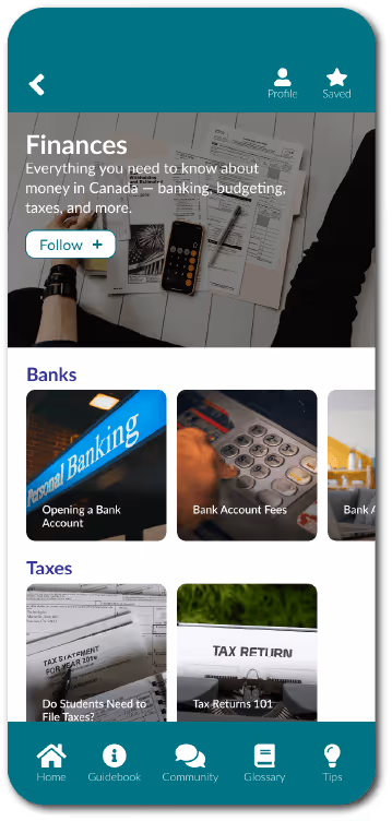 Mobile app screen titled Finances showing sections for Banks with images about opening accounts and fees, and Taxes with documents about tax filing and returns.