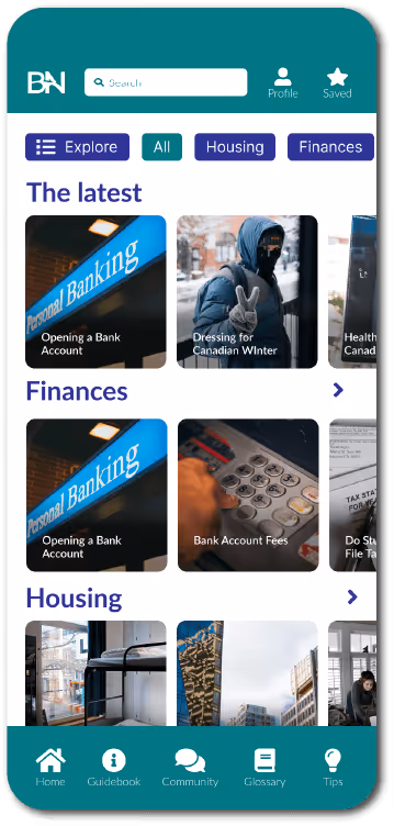 Mobile interface showing personal finance and housing topics with sections for latest articles, finances, and housing, plus navigation icons at the bottom.