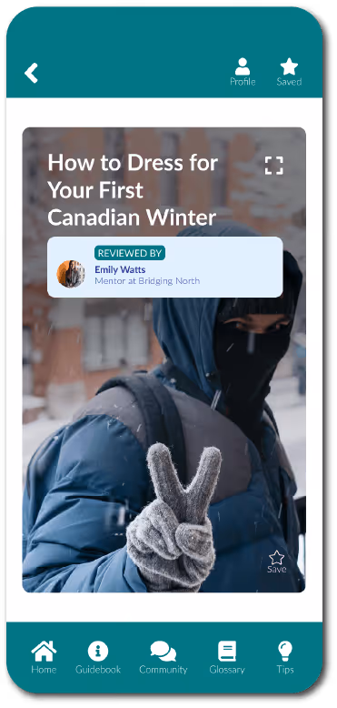 Mobile app screen showing an article titled 'How to Dress for Your First Canadian Winter' reviewed by Emily Watts, with a photo of a person in winter clothing and gloves making a peace sign.