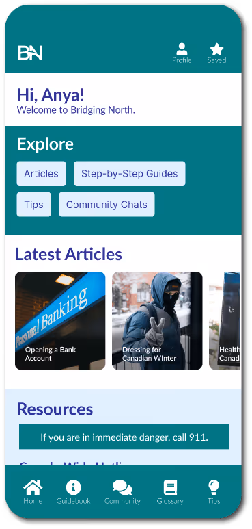 Mobile app screen showing a welcome message, navigation buttons for articles, guides, tips, and chats, and latest articles on opening a bank account and dressing for Canadian winter.