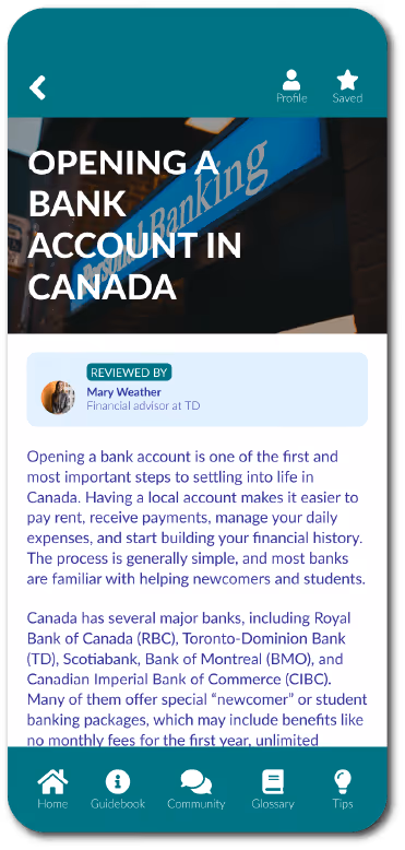 Mobile screen showing an article titled 'Opening a Bank Account in Canada' with author Mary Weather, financial advisor at TD. The article explains steps and tips for newcomers to open bank accounts in Canada, mentioning major banks and benefits.