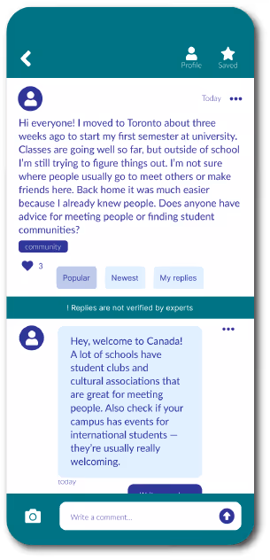 Mobile app interface showing a user asking for advice about meeting people and finding student communities after moving to Toronto, with a reply welcoming them to Canada and suggesting student clubs and cultural associations.