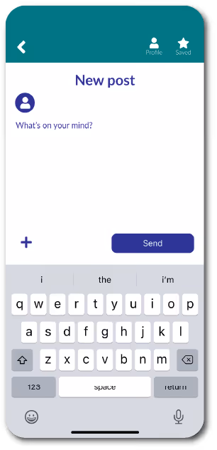 Mobile screen showing a social media app's new post interface with a visible keyboard, placeholder text 'What’s on your mind?', and buttons for adding content and sending the post.
